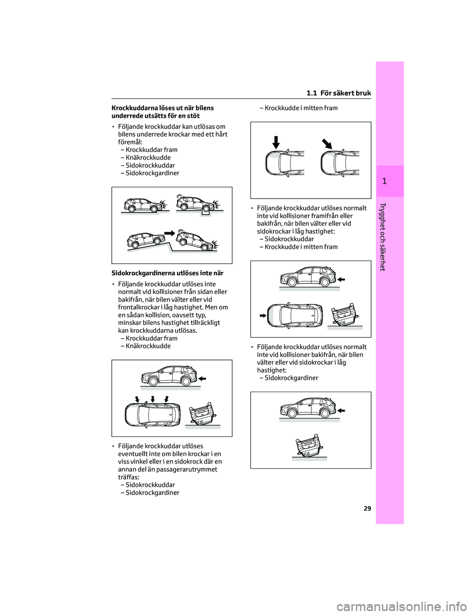 TOYOTA COROLLA CROSS 2023 Bruksanvisningar (in Swedish) Krockkuddarna löses ut när bilens
underrede utsätts för en stöt
• Följande krockkuddar kan utlösas om
bilens underrede krockar med ett hårt
föremål:
– Krockkuddar fram
– Knäkrockkudde TOYOTA COROLLA CROSS 2023 Bruksanvisningar (in Swedish) Krockkuddarna löses ut när bilens
underrede utsätts för en stöt
• Följande krockkuddar kan utlösas om
bilens underrede krockar med ett hårt
föremål:
– Krockkuddar fram
– Knäkrockkudde