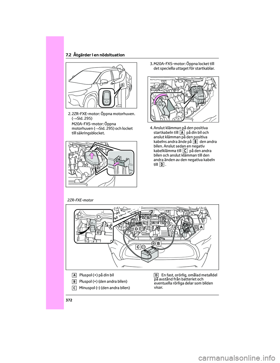 TOYOTA COROLLA CROSS 2023  Bruksanvisningar (in Swedish) 2. 2ZR-FXE-motor: Öppna motorhuven.(→Sid. 295)
M20A-FXS-motor: Öppna
motorhuven (→Sid. 295) och locket
till säkringsblocket. 3. M20A-FXS-motor: Öppna locket till
det speciella uttaget för sta