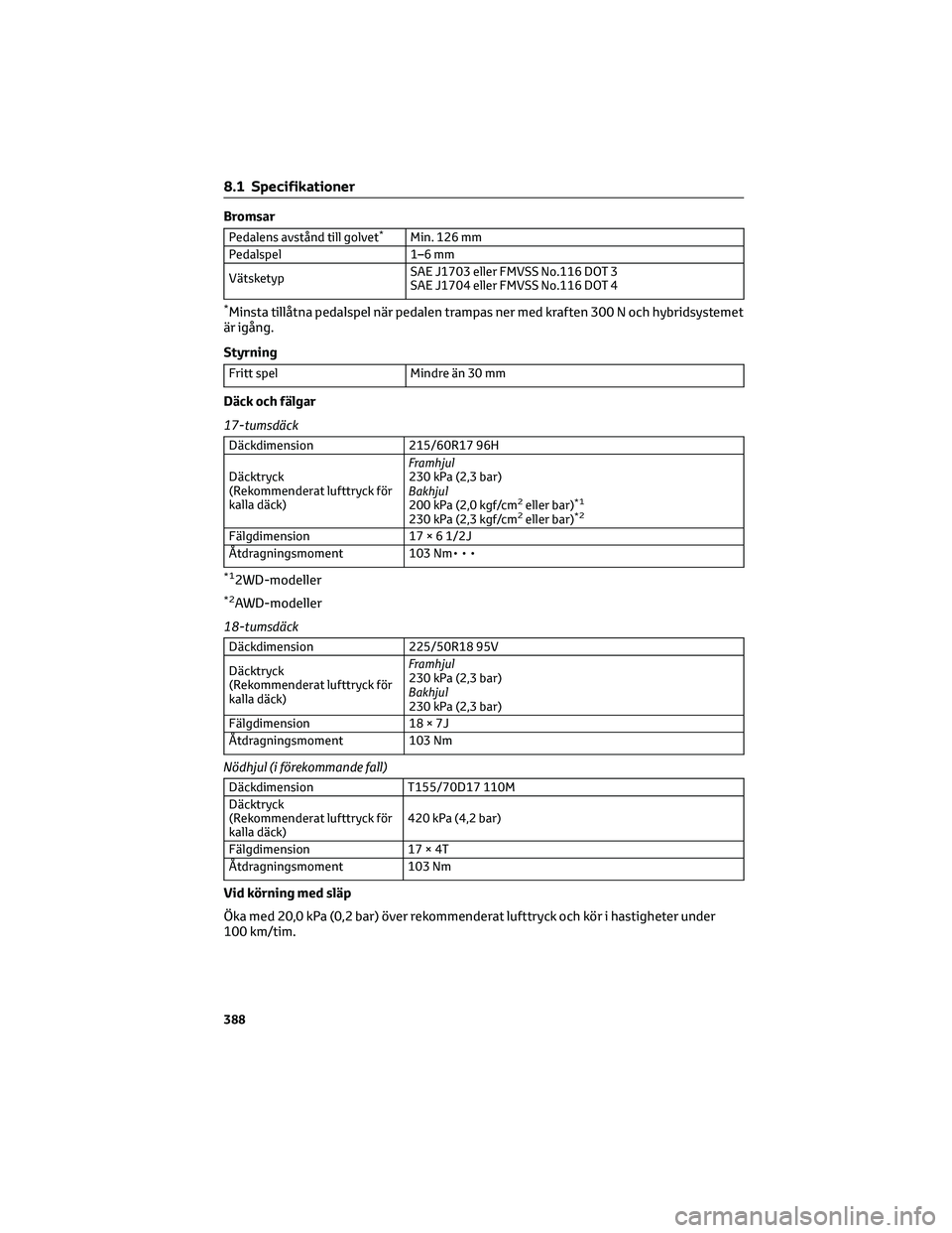 TOYOTA COROLLA CROSS 2023  Bruksanvisningar (in Swedish) Bromsar
Pedalens avstånd till golvet*Min. 126 mm
Pedalspel 1–6 mm
VätsketypSAE J1703 eller FMVSS No.116 DOT 3
SAE J1704 eller FMVSS No.116 DOT 4
*Minsta tillåtna pedalspel när pedalen trampas ne