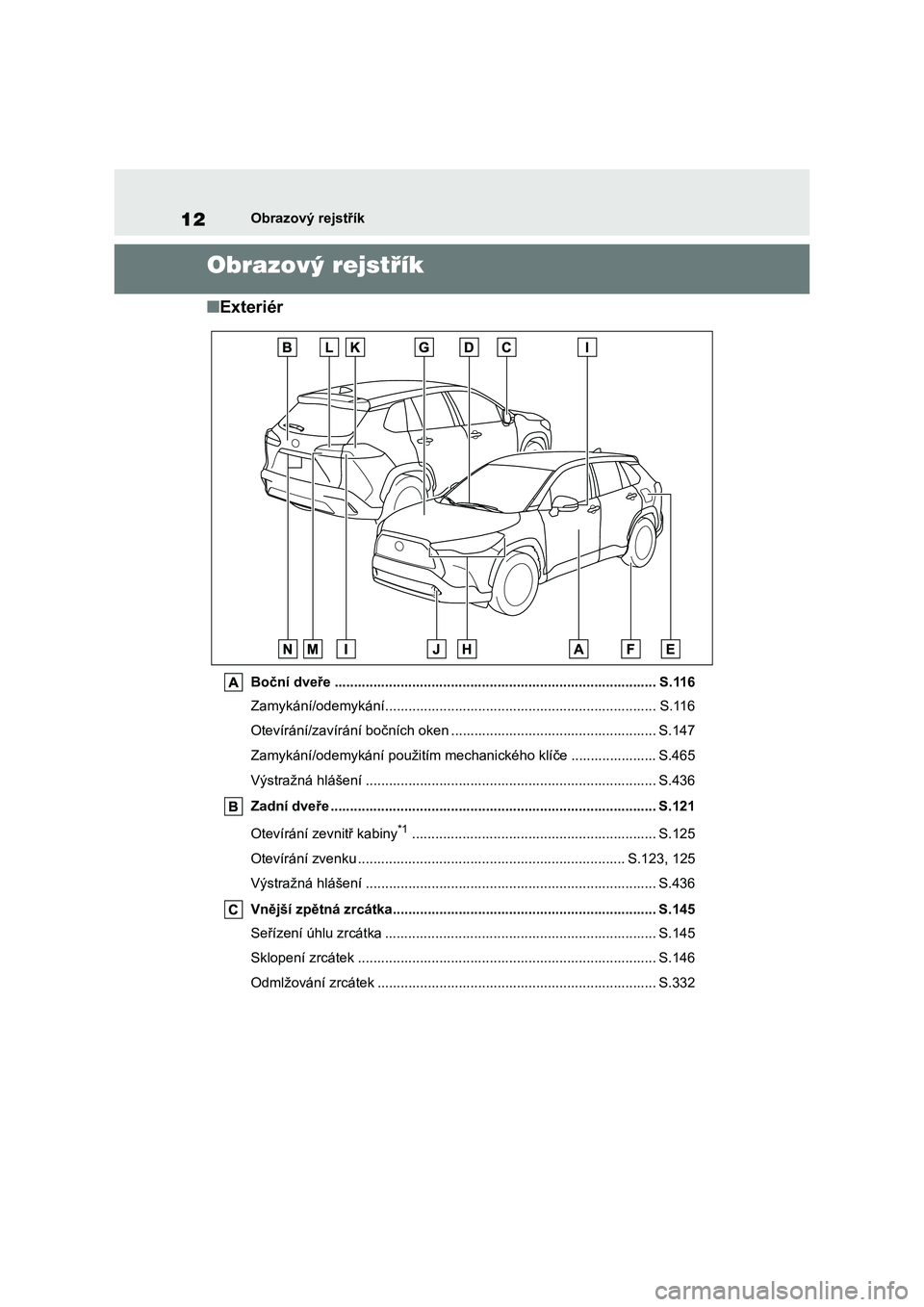 TOYOTA COROLLA CROSS 2022 Návod na použití (in Czech) 12Obrazový rejstřík
Obrazový rejstřík
■Exteriér
Boční dveře ................................................................................... S.116
Zamykání/odemykání............... TOYOTA COROLLA CROSS 2022 Návod na použití (in Czech) 12Obrazový rejstřík
Obrazový rejstřík
■Exteriér
Boční dveře ................................................................................... S.116
Zamykání/odemykání...............