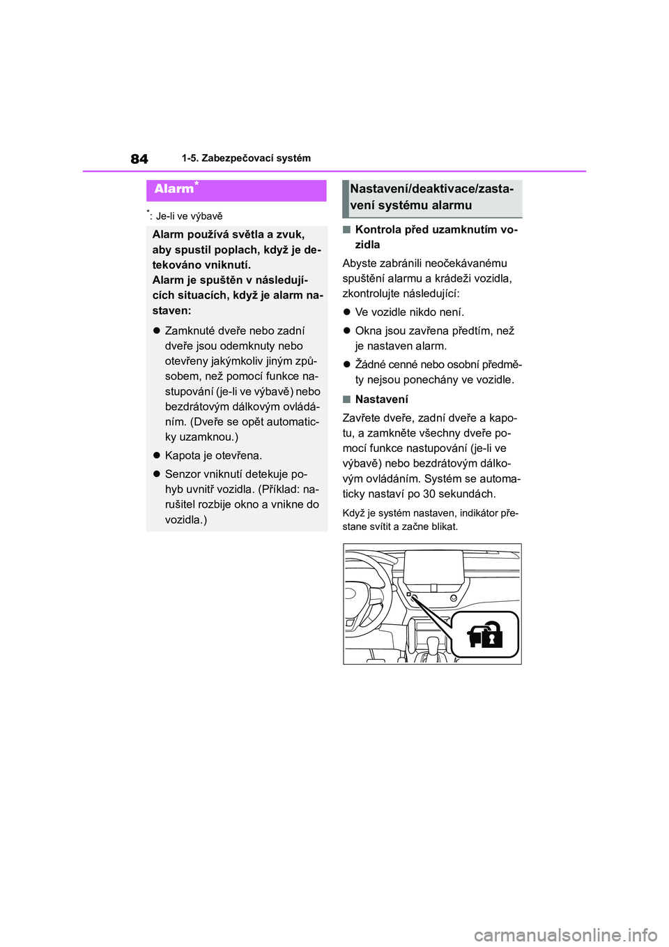 TOYOTA COROLLA CROSS 2023  Návod na použití (in Czech) 841-5. Zabezpečovací systém
*: Je-li ve výbavě
■Kontrola před uzamknutím vo- 
zidla 
Abyste zabránili  neočekávanému  
spuštění alarmu a k rádeži vozidla,  
zkontrolujte následujíc