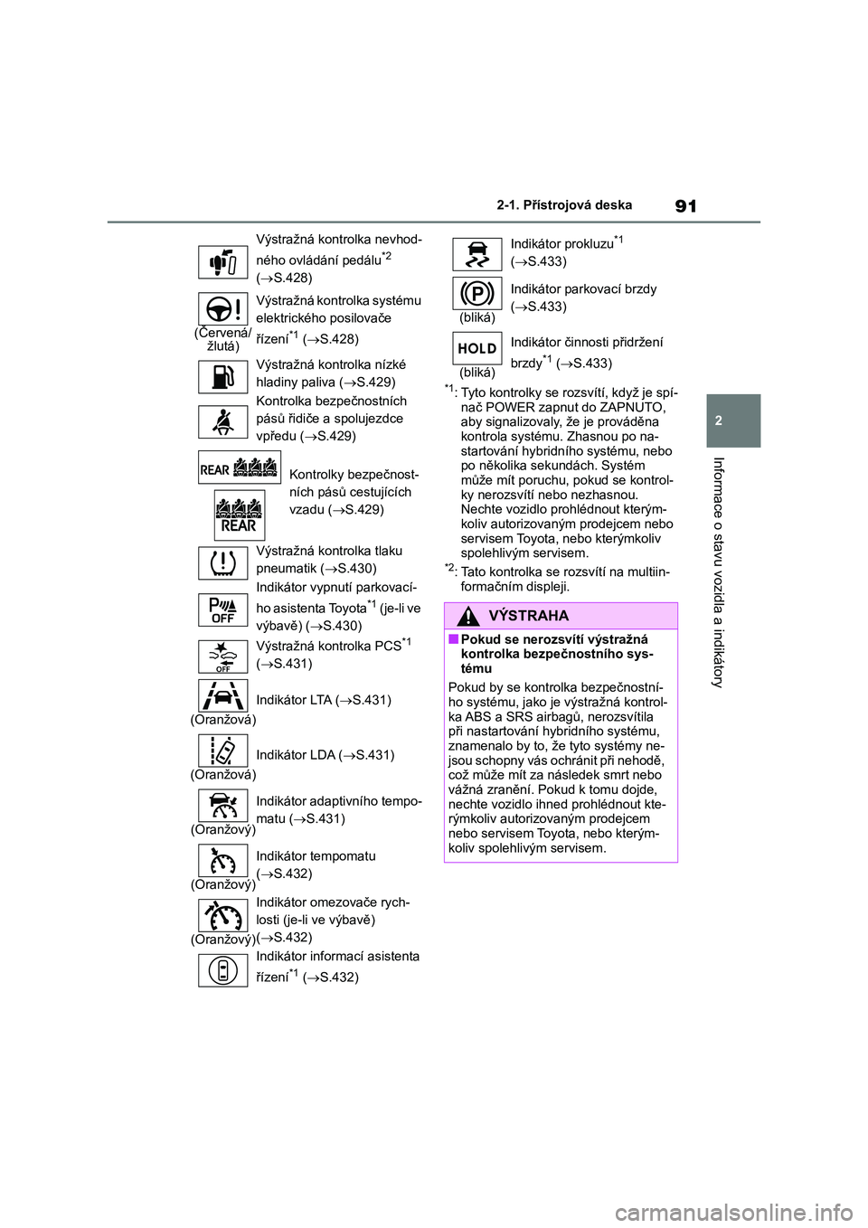 TOYOTA COROLLA CROSS 2022  Návod na použití (in Czech) 91
2 
2-1. Přístrojová deska
Informace o stavu vozidla a indikátory
*1: Tyto kontrolky se rozsvítí, když je spí- 
nač POWER zapnu t do ZAPNUTO,  aby signalizovaly, že je prováděna  
kontro
