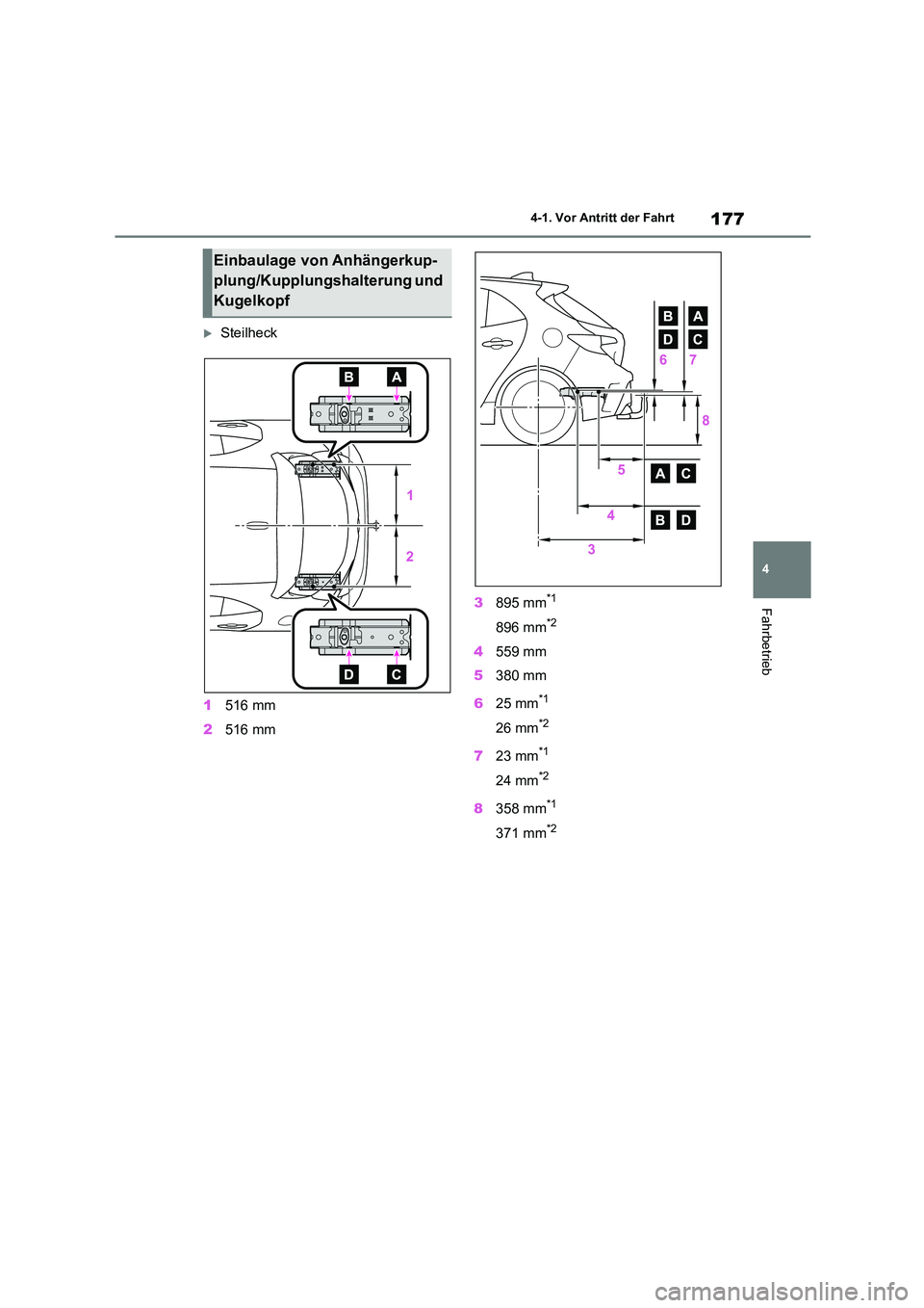 TOYOTA COROLLA HATCHBACK 2023 Betriebsanleitungen (in German) 177
4
4-1. Vor Antritt der Fahrt
Fahrbetrieb
Steilheck
1 516 mm
2 516 mm
3 895 mm*1
896 mm*2
4559 mm
5 380 mm
6 25 mm*1
26 mm*2
723 mm*1
24 mm*2
8358 mm*1
371 mm*2
Einbaulage von Anhängerkup TOYOTA COROLLA HATCHBACK 2023 Betriebsanleitungen (in German) 177
4
4-1. Vor Antritt der Fahrt
Fahrbetrieb
Steilheck
1 516 mm
2 516 mm
3 895 mm*1
896 mm*2
4559 mm
5 380 mm
6 25 mm*1
26 mm*2
723 mm*1
24 mm*2
8358 mm*1
371 mm*2
Einbaulage von Anhängerkup