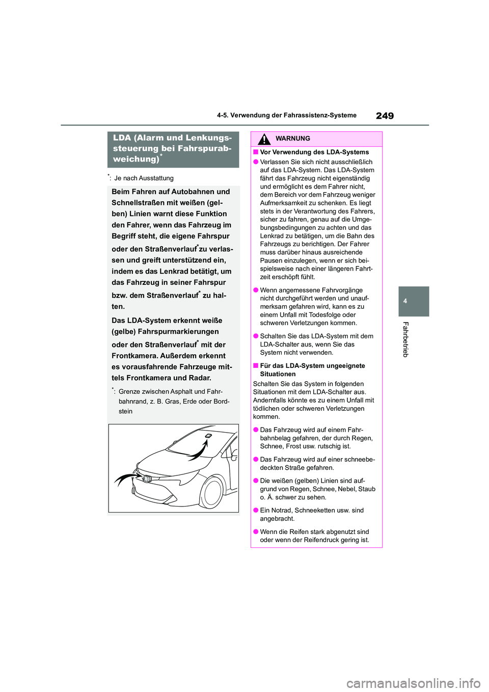 TOYOTA COROLLA HATCHBACK 2023  Betriebsanleitungen (in German) 249
4 
4-5. Verwendung der Fahrassistenz-Systeme
Fahrbetrieb
*: Je nach Ausstattung
LDA (Alarm und Lenkungs- 
steuerung bei Fahrspurab- 
weichung)*
Beim Fahren auf Autobahnen und  
Schnellstraßen mit