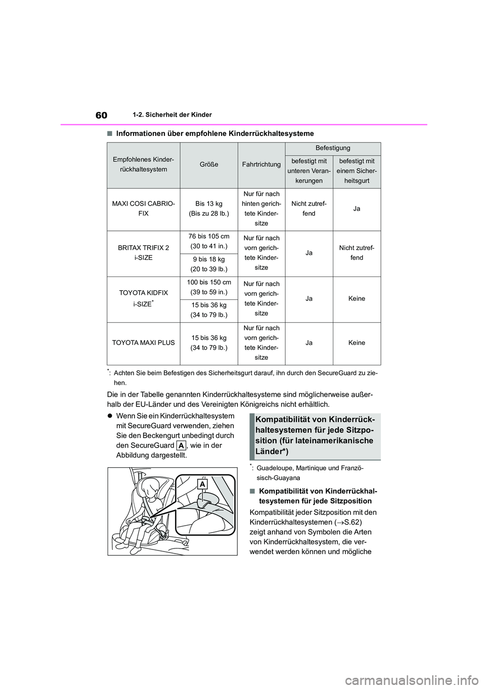 TOYOTA COROLLA HATCHBACK 2023  Betriebsanleitungen (in German) 601-2. Sicherheit der Kinder
■Informationen über empfohlene Kinderrückhaltesysteme
*: Achten Sie beim Befestigen des Sicherheitsgurt darauf, ihn durch den SecureGuard zu zie- 
hen.
Die in der Tabe