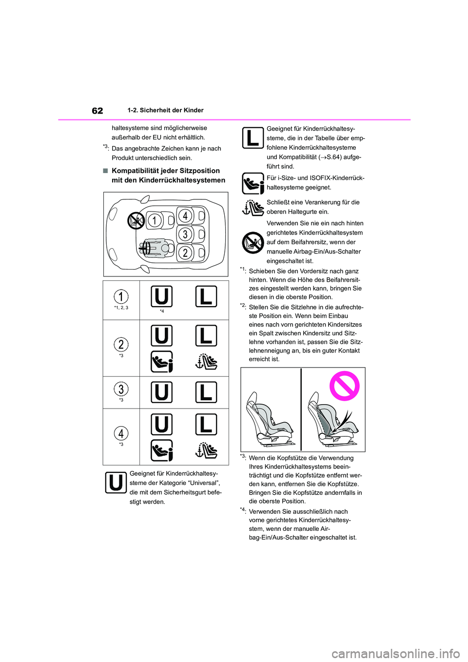 TOYOTA COROLLA HATCHBACK 2023  Betriebsanleitungen (in German) 621-2. Sicherheit der Kinder 
haltesysteme sind möglicherweise  
außerhalb der EU nicht erhältlich.
*3: Das angebrachte Zeichen kann je nach 
Produkt unterschiedlich sein.
■Kompatibilität jeder 