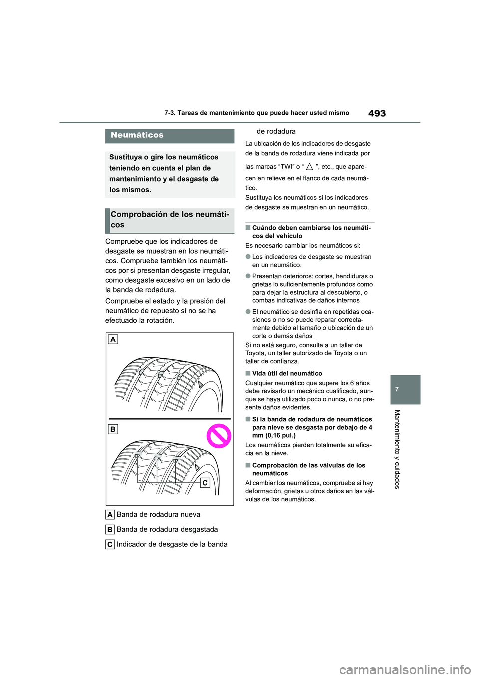 TOYOTA COROLLA HATCHBACK 2023 Manual del propietario (in Spanish) 493
7
7-3. Tareas de mantenimiento que puede hacer usted mismo
Mantenimiento y cuidados
Compruebe que los indicadores de
desgaste se muestran en los neumáti-
cos. Compruebe también los neumáti-
TOYOTA COROLLA HATCHBACK 2023 Manual del propietario (in Spanish) 493
7
7-3. Tareas de mantenimiento que puede hacer usted mismo
Mantenimiento y cuidados
Compruebe que los indicadores de
desgaste se muestran en los neumáti-
cos. Compruebe también los neumáti-