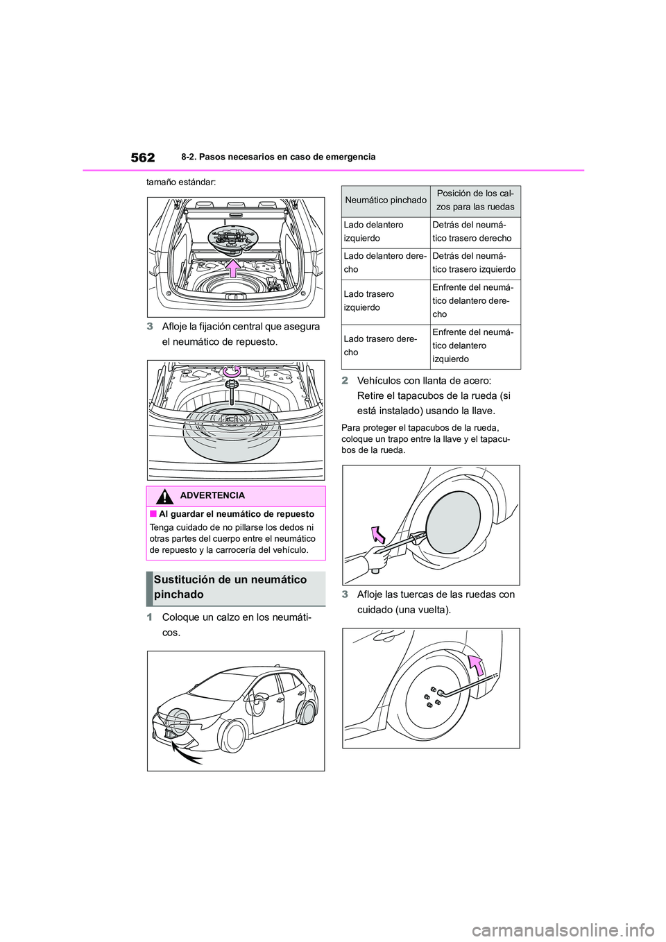 TOYOTA COROLLA HATCHBACK 2023 Manual del propietario (in Spanish) 5628-2. Pasos necesarios en caso de emergencia
tamaño estándar:
3 Afloje la fijación central que asegura
el neumático de repuesto.
1 Coloque un calzo en los neumáti-
cos.
2 Vehículos con l TOYOTA COROLLA HATCHBACK 2023 Manual del propietario (in Spanish) 5628-2. Pasos necesarios en caso de emergencia
tamaño estándar:
3 Afloje la fijación central que asegura
el neumático de repuesto.
1 Coloque un calzo en los neumáti-
cos.
2 Vehículos con l