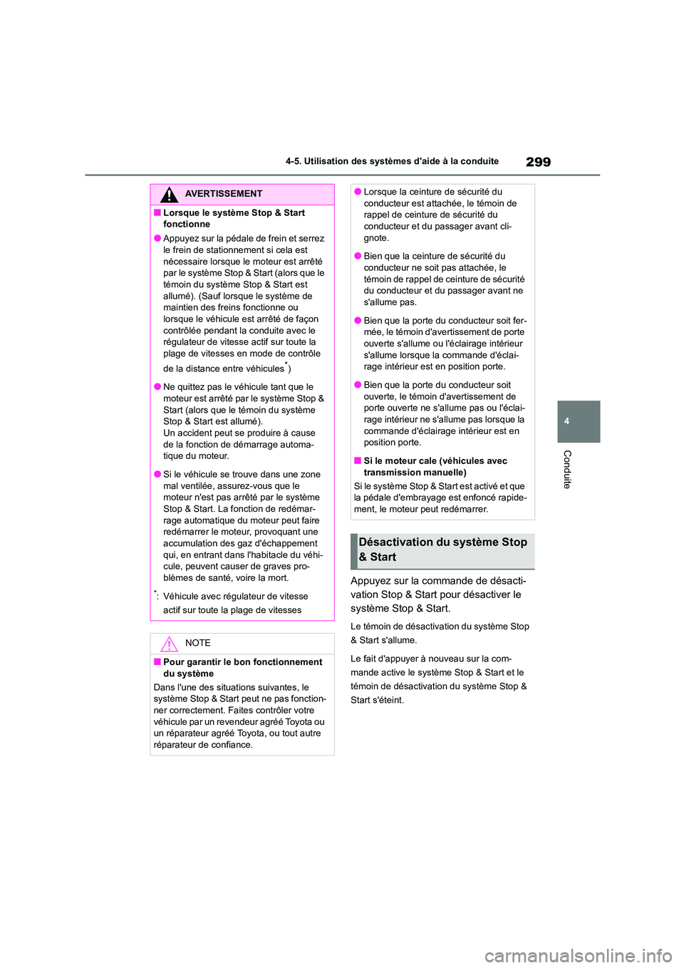 TOYOTA COROLLA HATCHBACK 2023  Manuel du propriétaire (in French) 299
4 
4-5. Utilisation des systèmes daide à la conduite
Conduite
Appuyez sur la commande de désacti- 
vation Stop & Start pour désactiver le 
système Stop & Start.
Le témoin de désactivation 