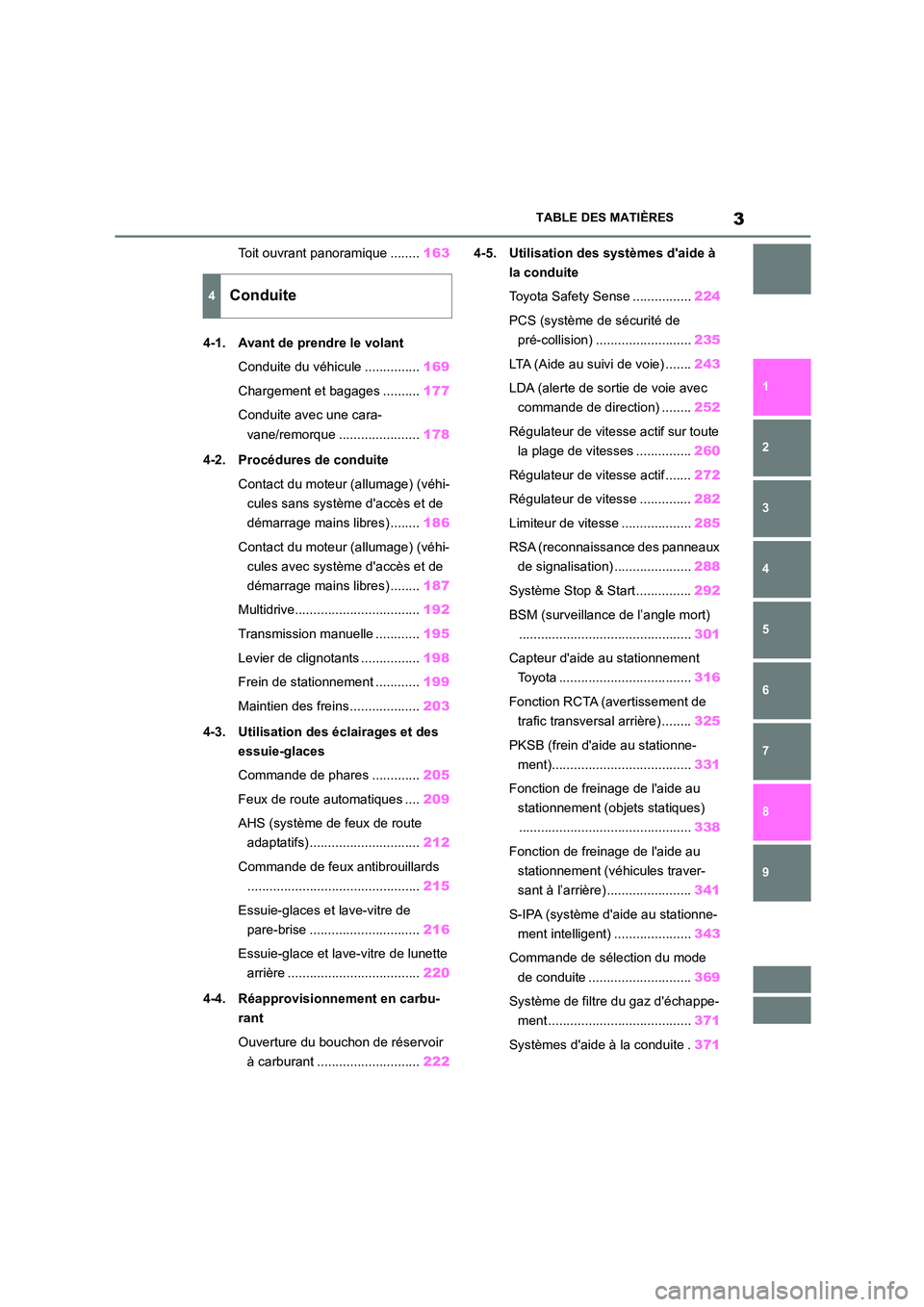 TOYOTA COROLLA HATCHBACK 2023  Manuel du propriétaire (in French) 3TABLE DES MATIÈRES
1 
6 
5
4
3
2
9
8
7
Toit ouvrant panoramique ........ 163 
4-1. Avant de prendre le volant 
Conduite du véhicule ............... 169 
Chargement et bagages .......... 177 
Condui