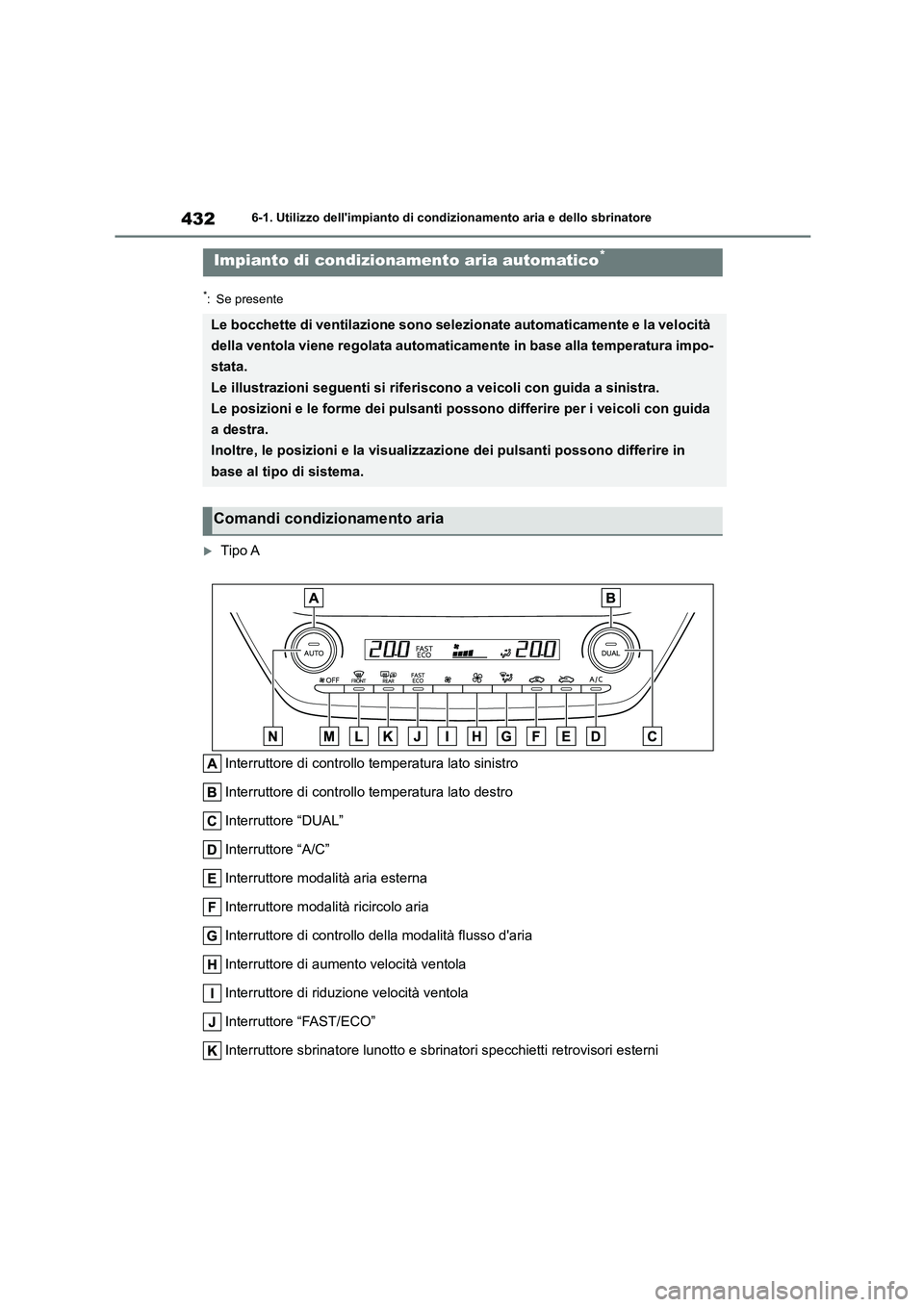 TOYOTA COROLLA HATCHBACK 2023  Manuale duso (in Italian) 4326-1. Utilizzo dellimpianto di condizionamento aria e dello sbrinatore
*: Se presente
Tipo A 
Interruttore di controllo temperatura lato sinistro 
Interruttore di controllo temperatura lato dest