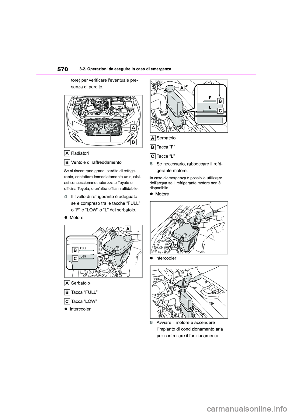 TOYOTA COROLLA HATCHBACK 2023 Manuale duso (in Italian) 5708-2. Operazioni da eseguire in caso di emergenza
tore) per verificare leventuale pre-
senza di perdite.
Radiatori
Ventole di raffreddamento
Se si riscontrano grandi perdite di refrige-
rante, TOYOTA COROLLA HATCHBACK 2023 Manuale duso (in Italian) 5708-2. Operazioni da eseguire in caso di emergenza
tore) per verificare leventuale pre-
senza di perdite.
Radiatori
Ventole di raffreddamento
Se si riscontrano grandi perdite di refrige-
rante,