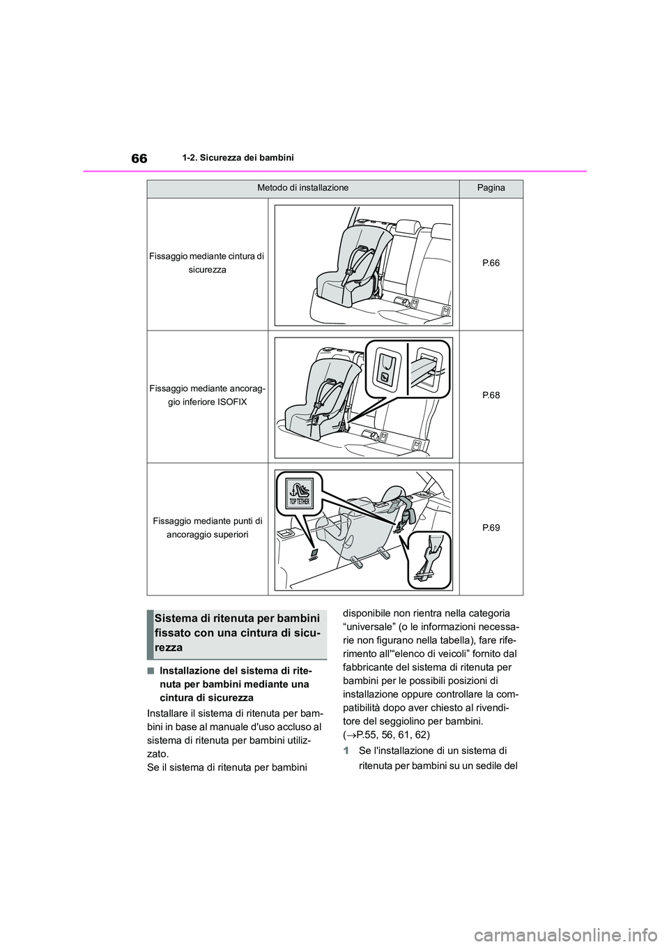 TOYOTA COROLLA HATCHBACK 2023 Manuale duso (in Italian) 661-2. Sicurezza dei bambini
■Installazione del sistema di rite-
nuta per bambini mediante una
cintura di sicurezza
Installare il sistema di ritenuta per bam-
bini in base al manuale duso acclu TOYOTA COROLLA HATCHBACK 2023 Manuale duso (in Italian) 661-2. Sicurezza dei bambini
■Installazione del sistema di rite-
nuta per bambini mediante una
cintura di sicurezza
Installare il sistema di ritenuta per bam-
bini in base al manuale duso acclu