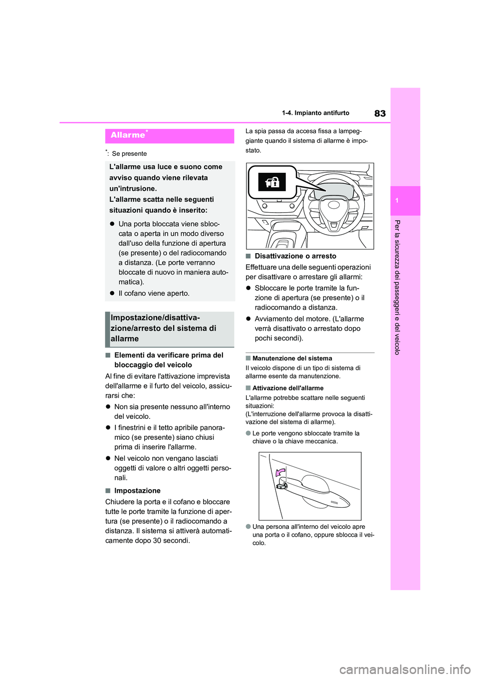 TOYOTA COROLLA HATCHBACK 2023  Manuale duso (in Italian) 83
1 
1-4. Impianto antifurto
Per la sicurezza dei passeggeri e del veicolo
*: Se presente
■Elementi da verificare prima del  
bloccaggio del veicolo 
Al fine di evitare lattivazione imprevista  
d