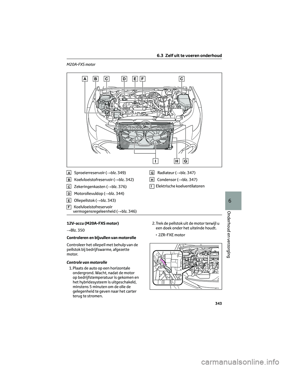 TOYOTA COROLLA HATCHBACK 2023 Instructieboekje (in Dutch) M20A-FXS motor
ASproeierreservoir (→blz. 349)
BKoelvloeistofreservoir (→blz. 342)
CZekeringenkasten (→blz. 376)
DMotorolievuldop (→blz. 344)
EOliepeilstok (→blz. 343)
FKoelvloeistofreservoir TOYOTA COROLLA HATCHBACK 2023 Instructieboekje (in Dutch) M20A-FXS motor
ASproeierreservoir (→blz. 349)
BKoelvloeistofreservoir (→blz. 342)
CZekeringenkasten (→blz. 376)
DMotorolievuldop (→blz. 344)
EOliepeilstok (→blz. 343)
FKoelvloeistofreservoir