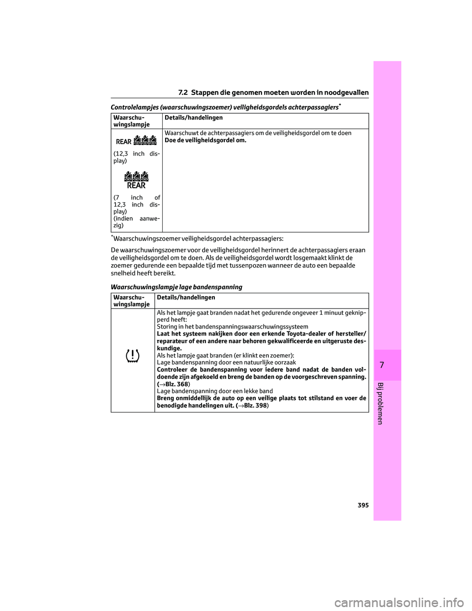 TOYOTA COROLLA HATCHBACK 2023 Instructieboekje (in Dutch) Controlelampjes (waarschuwingszoemer) veiligheidsgordels achterpassagiers*
Waarschu-
wingslampjeDetails/handelingen
(12,3 inch dis-
play)
(7 inch of
12,3 inch dis-
play)
(indien aanwe-
zig)Waarschuwt TOYOTA COROLLA HATCHBACK 2023 Instructieboekje (in Dutch) Controlelampjes (waarschuwingszoemer) veiligheidsgordels achterpassagiers*
Waarschu-
wingslampjeDetails/handelingen
(12,3 inch dis-
play)
(7 inch of
12,3 inch dis-
play)
(indien aanwe-
zig)Waarschuwt