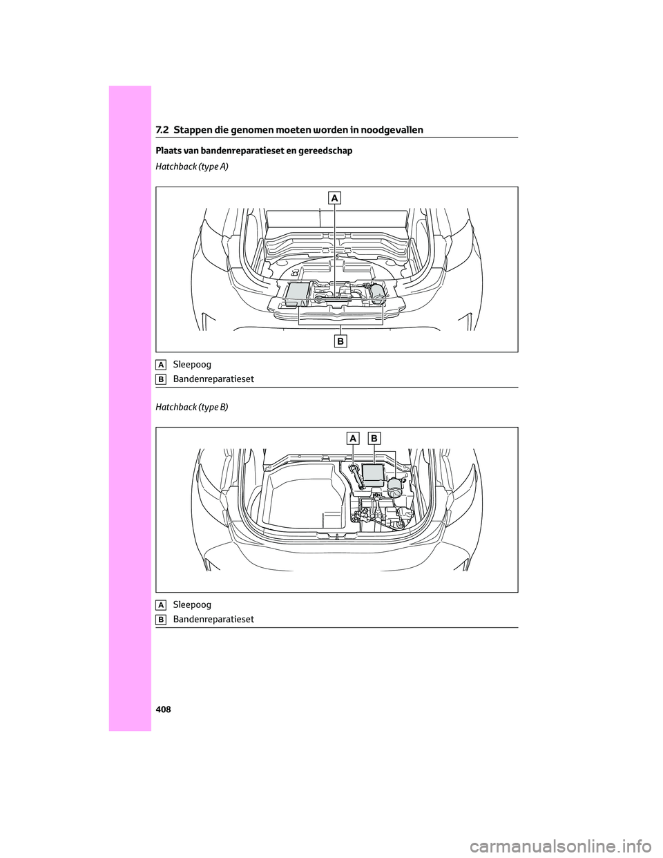 TOYOTA COROLLA HATCHBACK 2023 Instructieboekje (in Dutch) Plaats van bandenreparatieset en gereedschap
Hatchback (type A)
ASleepoog
BBandenreparatieset
Hatchback (type B)
ASleepoog
BBandenreparatieset
7.2 Stappen die genomen moeten worden in noodgevallen
408 TOYOTA COROLLA HATCHBACK 2023 Instructieboekje (in Dutch) Plaats van bandenreparatieset en gereedschap
Hatchback (type A)
ASleepoog
BBandenreparatieset
Hatchback (type B)
ASleepoog
BBandenreparatieset
7.2 Stappen die genomen moeten worden in noodgevallen
408
