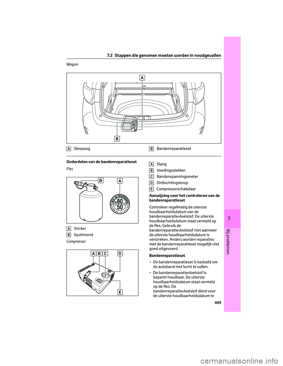 TOYOTA COROLLA HATCHBACK 2023 Instructieboekje (in Dutch) Wagon
ASleepoogBBandenreparatieset
Onderdelen van de bandenreparatieset
Fles
ASticker
BSpuitmond
Compressor
ASlang
BVoedingsstekker
CBandenspanningsmeter
DOntluchtingsknop
ECompressorschakelaar
Aanwij TOYOTA COROLLA HATCHBACK 2023 Instructieboekje (in Dutch) Wagon
ASleepoogBBandenreparatieset
Onderdelen van de bandenreparatieset
Fles
ASticker
BSpuitmond
Compressor
ASlang
BVoedingsstekker
CBandenspanningsmeter
DOntluchtingsknop
ECompressorschakelaar
Aanwij