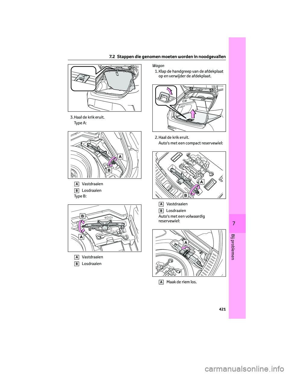 TOYOTA COROLLA HATCHBACK 2023  Instructieboekje (in Dutch) 3. Haal de krik eruit.
Type A:
AVastdraaien
BLosdraaien
Type B:
AVastdraaien
BLosdraaienWagon
1. Klap de handgreep van de afdekplaat
op en verwijder de afdekplaat.
2. Haal de krik eruit.
Auto's me