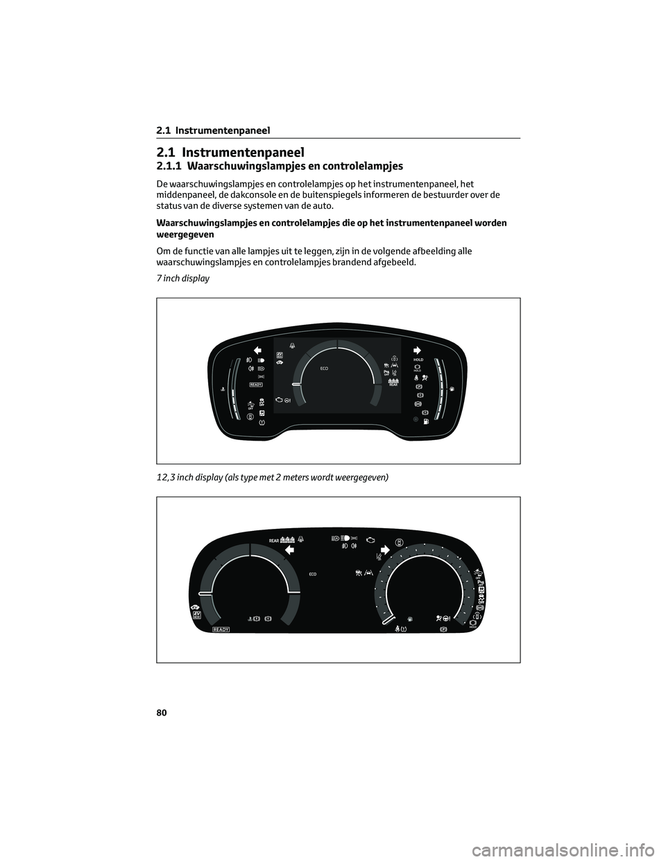 TOYOTA COROLLA HATCHBACK 2023  Instructieboekje (in Dutch) 2.1 Instrumentenpaneel
2.1.1 Waarschuwingslampjes en controlelampjes
De waarschuwingslampjes en controlelampjes op het instrumentenpaneel, het
middenpaneel, de dakconsole en de buitenspiegels informer