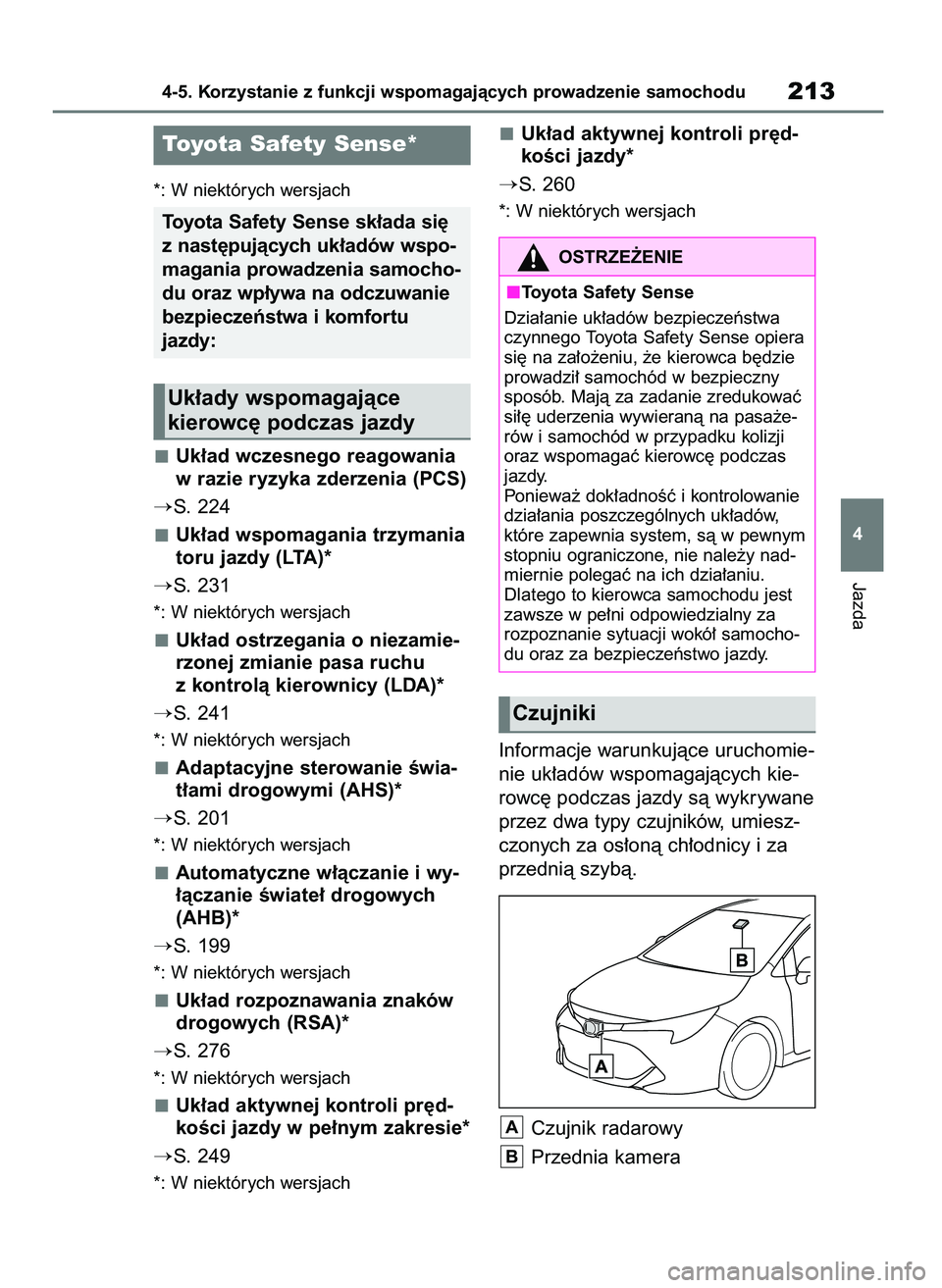 TOYOTA COROLLA HATCHBACK 2023  Instrukcja obsługi (in Polish) *: W niektórych wersjach
Uk∏ad wczesnego reagowania
w razie ryzyka zderzenia (PCS)
S. 224
Uk∏ad wspomagania trzymania
toru jazdy (LTA)*
S. 231
*: W niektórych wersjach
Uk∏ad ostrzegania o ni