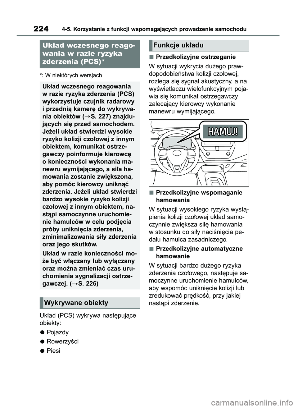 TOYOTA COROLLA HATCHBACK 2023 Instrukcja obsługi (in Polish) *: W niektórych wersjach
Uk∏ad (PCS) wykrywa nast´pujàce
obiekty:
Pojazdy
RowerzyÊci
PiesiPrzedkolizyjne ostrzeganie
W sytuacji wykrycia du˝ego praw-
dopodobieƒstwa kolizji czo∏owej,
rozlega TOYOTA COROLLA HATCHBACK 2023 Instrukcja obsługi (in Polish) *: W niektórych wersjach
Uk∏ad (PCS) wykrywa nast´pujàce
obiekty:
Pojazdy
RowerzyÊci
PiesiPrzedkolizyjne ostrzeganie
W sytuacji wykrycia du˝ego praw-
dopodobieƒstwa kolizji czo∏owej,
rozlega