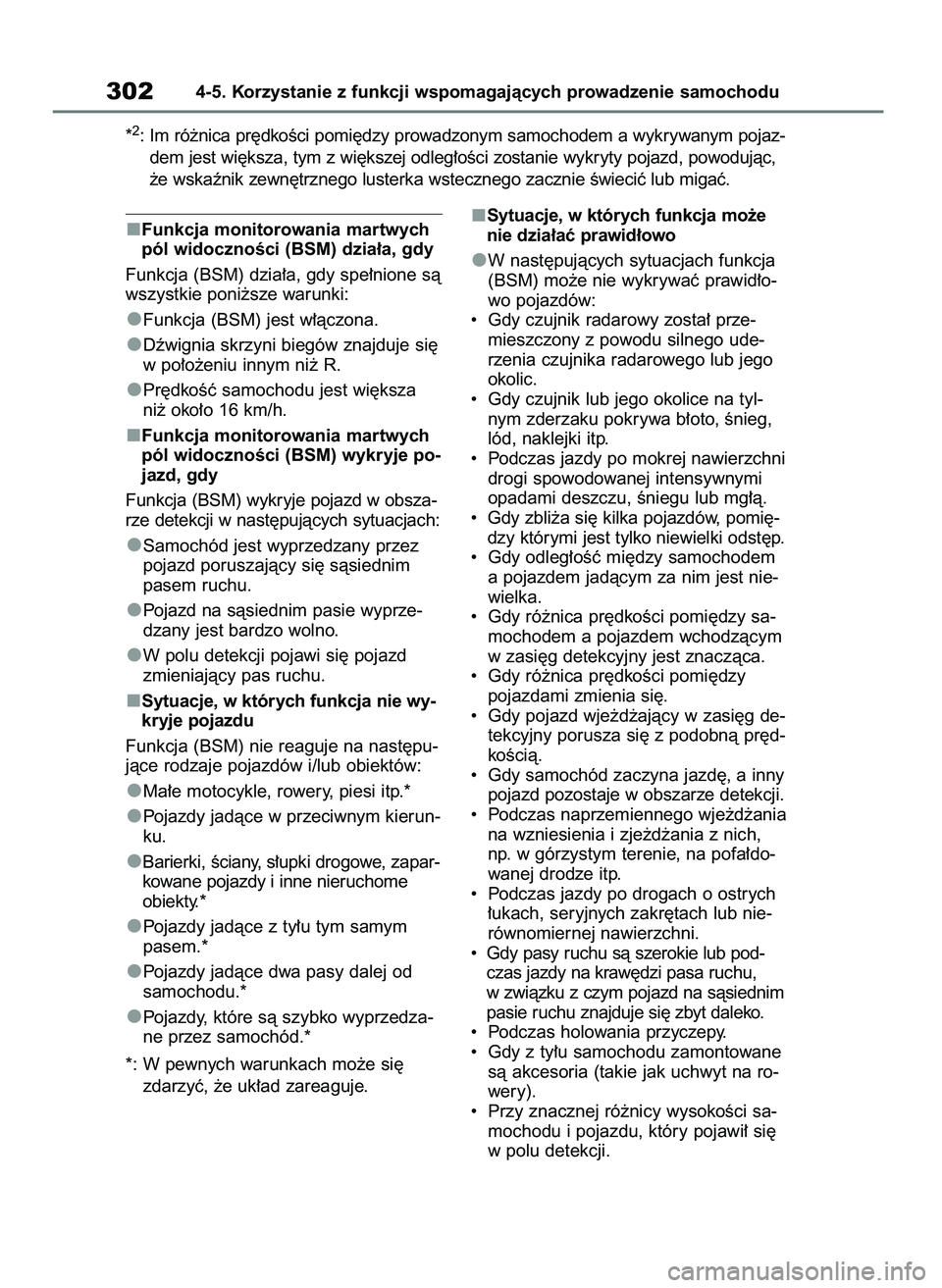 TOYOTA COROLLA HATCHBACK 2023 Instrukcja obsługi (in Polish) Funkcja monitorowania martwych
pól widocznoÊci (BSM) dzia∏a, gdy
Funkcja (BSM) dzia∏a, gdy spe∏nione sà
wszystkie poni˝sze warunki:
Funkcja (BSM) jest w∏àczona.
Dêwignia skrzyni biegów TOYOTA COROLLA HATCHBACK 2023 Instrukcja obsługi (in Polish) Funkcja monitorowania martwych
pól widocznoÊci (BSM) dzia∏a, gdy
Funkcja (BSM) dzia∏a, gdy spe∏nione sà
wszystkie poni˝sze warunki:
Funkcja (BSM) jest w∏àczona.
Dêwignia skrzyni biegów