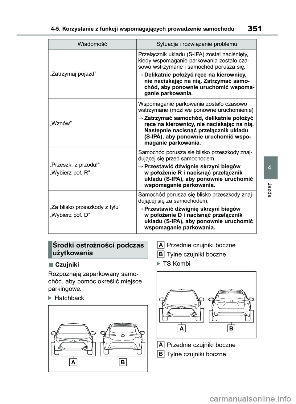 TOYOTA COROLLA HATCHBACK 2023  Instrukcja obsługi (in Polish) m
Czujniki
Rozpoznajà zaparkowany samo-
chód, aby pomóc okreÊliç miejsce
parkingowe.
óHatchbackPrzednie czujniki boczne
Tylne czujniki boczne
óTS Kombi
Przednie czujniki boczne
Tylne czujniki b