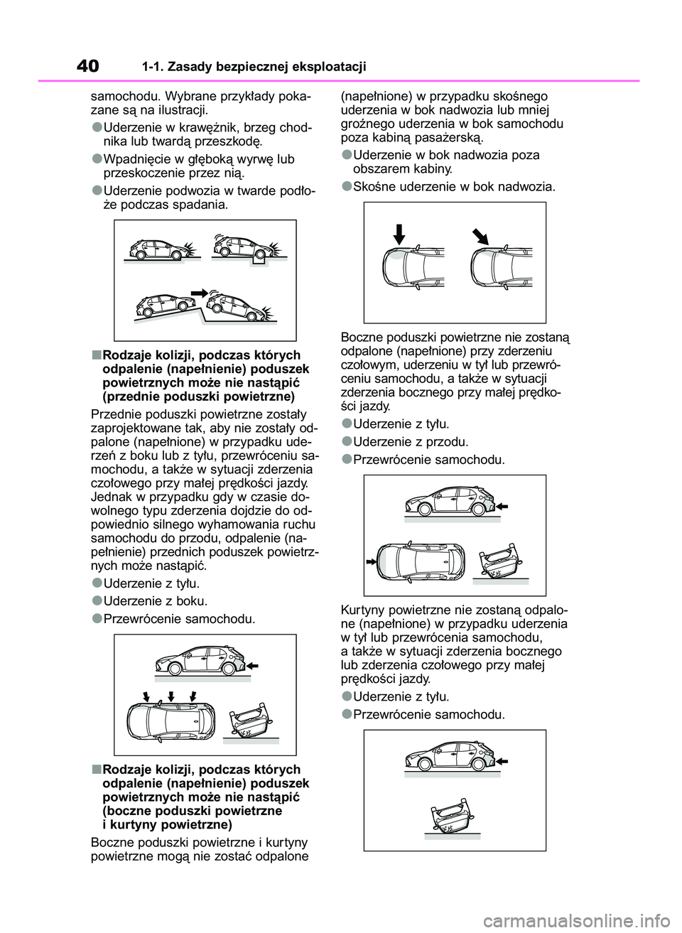 TOYOTA COROLLA HATCHBACK 2023 Instrukcja obsługi (in Polish) samochodu. Wybrane przyk∏ady poka-
zane sà na ilustracji.
Uderzenie w kraw´˝nik, brzeg chod-
nika lub twardà przeszkod´.
Wpadni´cie w g∏´bokà wyrw´ lub
przeskoczenie przez nià.
Uderzenie TOYOTA COROLLA HATCHBACK 2023 Instrukcja obsługi (in Polish) samochodu. Wybrane przyk∏ady poka-
zane sà na ilustracji.
Uderzenie w kraw´˝nik, brzeg chod-
nika lub twardà przeszkod´.
Wpadni´cie w g∏´bokà wyrw´ lub
przeskoczenie przez nià.
Uderzenie