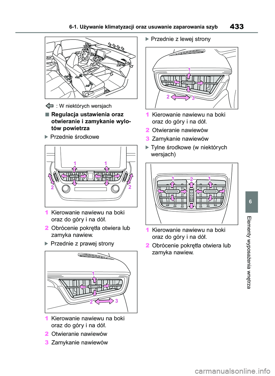 TOYOTA COROLLA HATCHBACK 2023  Instrukcja obsługi (in Polish) : W niektórych wersjach
Regulacja ustawienia oraz
otwieranie i zamykanie wylo-
tów powietrza
óPrzednie Êrodkowe
1Kierowanie nawiewu na boki
oraz do góry i na dó∏.
2Obrócenie pokr´t∏a otwie