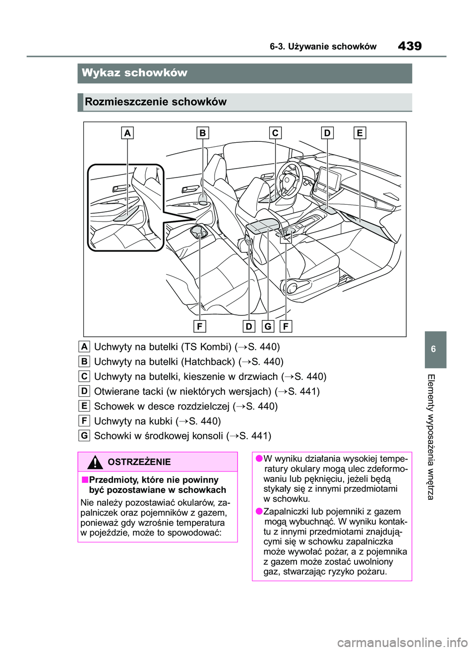 TOYOTA COROLLA HATCHBACK 2023  Instrukcja obsługi (in Polish) Uchwyty na butelki (TS Kombi) (S. 440)
Uchwyty na butelki (Hatchback) (
S. 440)
Uchwyty na butelki, kieszenie w drzwiach (
S. 440)
Otwierane tacki (w niektórych wersjach) (
S. 441)
Schowek w desc