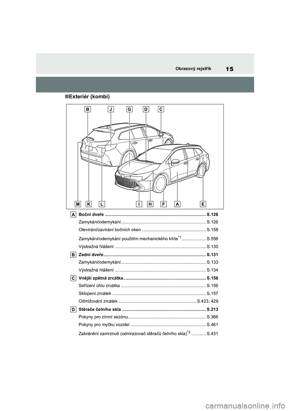 TOYOTA COROLLA HATCHBACK 2023 Návod na použití (in Czech) 15Obrazový rejstřík
■Exteriér (kombi)
Boční dveře ................................................................................... S.126
Zamykání/odemykání............................ TOYOTA COROLLA HATCHBACK 2023 Návod na použití (in Czech) 15Obrazový rejstřík
■Exteriér (kombi)
Boční dveře ................................................................................... S.126
Zamykání/odemykání............................
