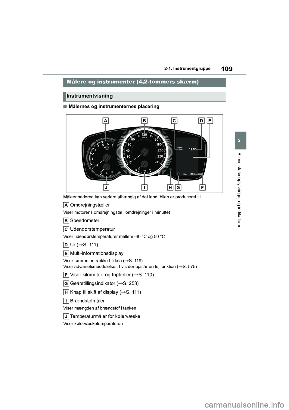 TOYOTA COROLLA HATCHBACK 2020 Brugsanvisning (in Danish) 109
2
Corolla HV OM12P55DK 2-1. Instrumentgruppe
Bilens statusoplysninger og indikatorer
nMålernes og instrumenternes placering
Måleenhederne kan variere afhængig af det land, bilen er produceret t TOYOTA COROLLA HATCHBACK 2020 Brugsanvisning (in Danish) 109
2
Corolla HV OM12P55DK 2-1. Instrumentgruppe
Bilens statusoplysninger og indikatorer
nMålernes og instrumenternes placering
Måleenhederne kan variere afhængig af det land, bilen er produceret t