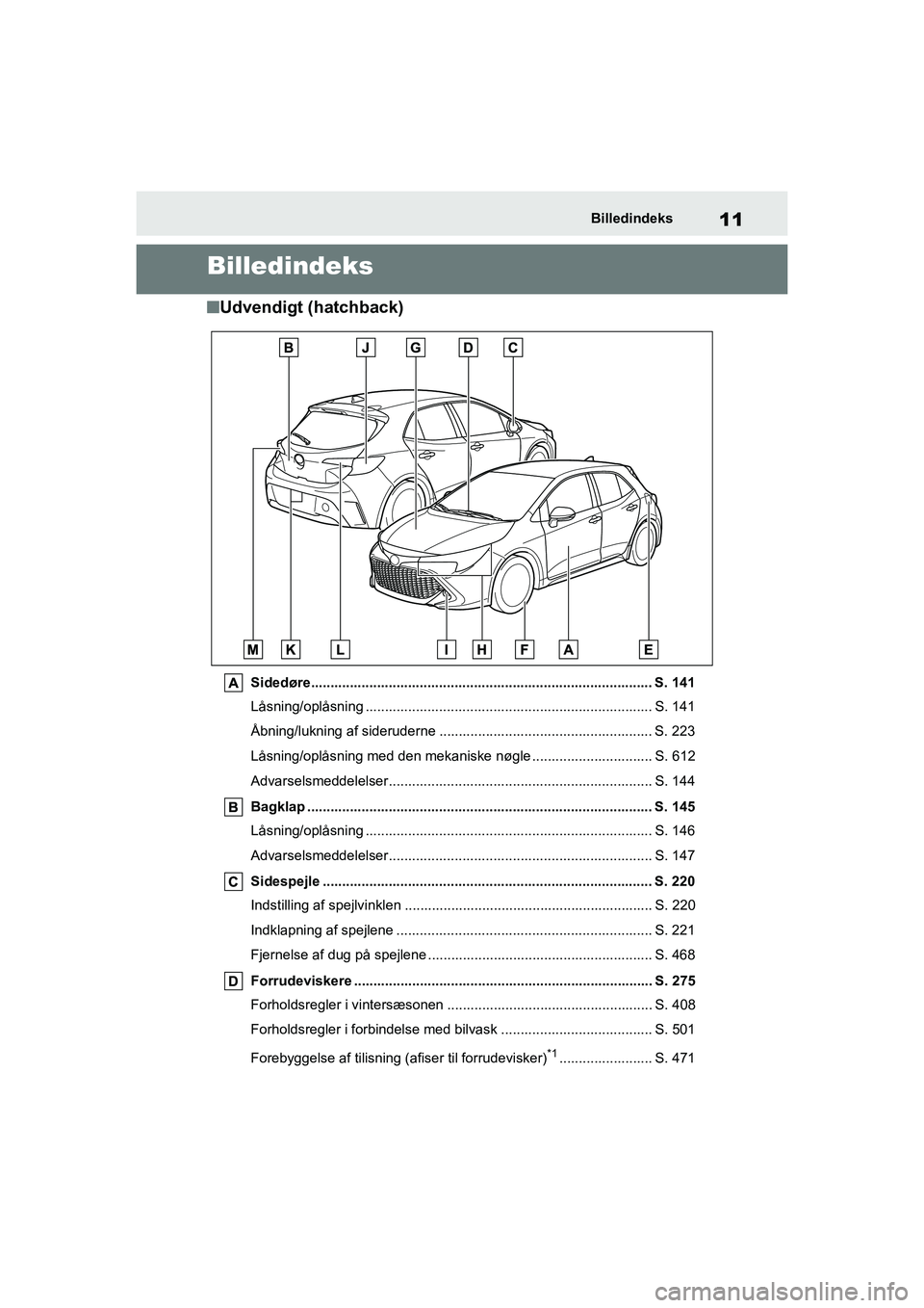 TOYOTA COROLLA HATCHBACK 2020 Brugsanvisning (in Danish) 11
Corolla HV OM12P55DKBilledindeks
Billedindeks
n
Udvendigt (hatchback)
Sidedøre........................................................................................ S. 141
Låsning/oplåsning .. TOYOTA COROLLA HATCHBACK 2020 Brugsanvisning (in Danish) 11
Corolla HV OM12P55DKBilledindeks
Billedindeks
n
Udvendigt (hatchback)
Sidedøre........................................................................................ S. 141
Låsning/oplåsning ..
