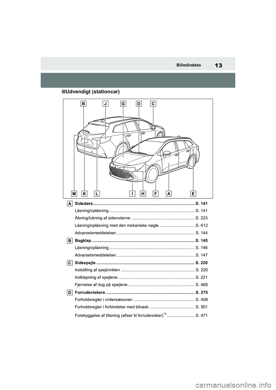 TOYOTA COROLLA HATCHBACK 2020 Brugsanvisning (in Danish) 13
Corolla HV OM12P55DKBilledindeks
n
Udvendigt (stationcar)
Sidedøre........................................................................................ S. 141
Låsning/oplåsning ............ . TOYOTA COROLLA HATCHBACK 2020 Brugsanvisning (in Danish) 13
Corolla HV OM12P55DKBilledindeks
n
Udvendigt (stationcar)
Sidedøre........................................................................................ S. 141
Låsning/oplåsning ............ .