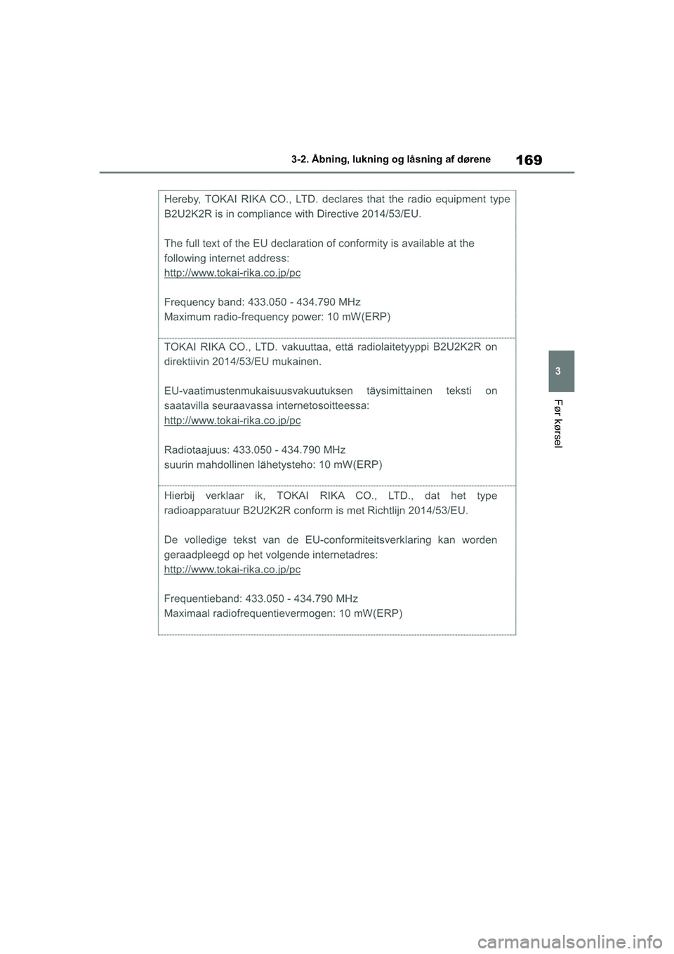 TOYOTA COROLLA HATCHBACK 2020  Brugsanvisning (in Danish) 169
3
Corolla HV OM12P55DK 3-2. Åbning, lukning og låsning af dørene
Før kørsel
OM12P55DK.book  Page 169  Monda
y, September 28, 2020  12:19 PM 