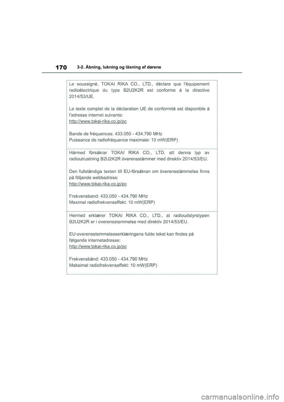 TOYOTA COROLLA HATCHBACK 2020  Brugsanvisning (in Danish) 170
Corolla HV OM12P55DK3-2. Åbning, lukning og låsning af dørene
OM12P55DK.book  Page 170  Monda
y, September 28, 2020  12:19 PM 