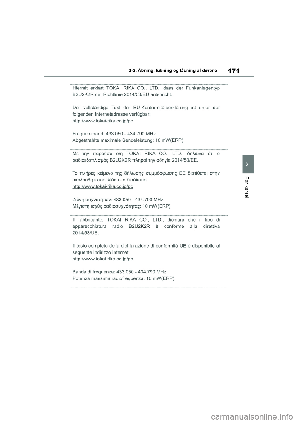 TOYOTA COROLLA HATCHBACK 2020  Brugsanvisning (in Danish) 171
3
Corolla HV OM12P55DK 3-2. Åbning, lukning og låsning af dørene
Før kørsel
OM12P55DK.book  Page 171  Monda
y, September 28, 2020  12:19 PM 