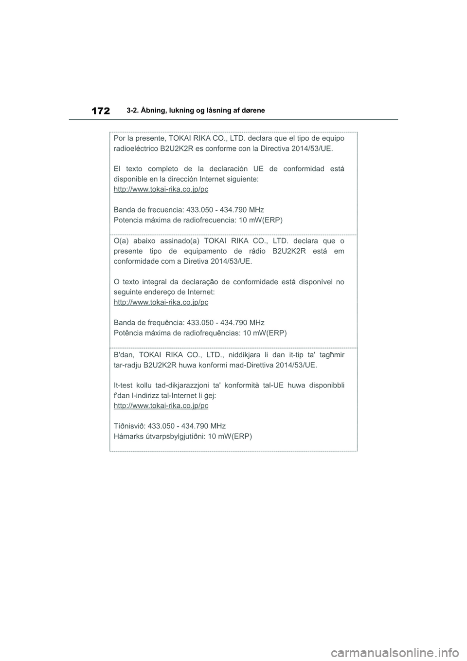 TOYOTA COROLLA HATCHBACK 2020  Brugsanvisning (in Danish) 172
Corolla HV OM12P55DK3-2. Åbning, lukning og låsning af dørene
OM12P55DK.book  Page 172  Monda
y, September 28, 2020  12:19 PM 