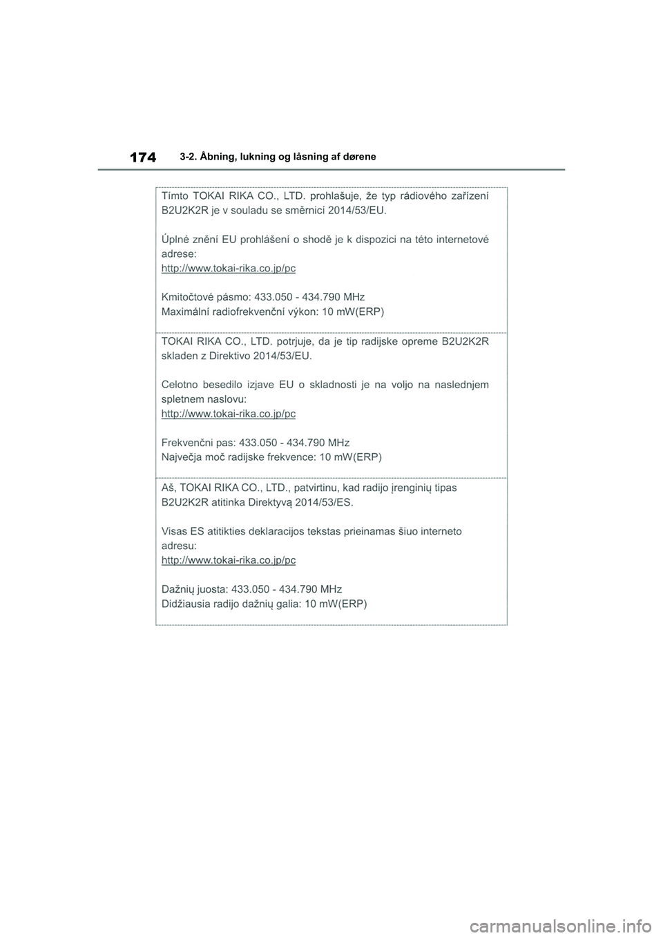 TOYOTA COROLLA HATCHBACK 2020  Brugsanvisning (in Danish) 174
Corolla HV OM12P55DK3-2. Åbning, lukning og låsning af dørene
OM12P55DK.book  Page 174  Monda
y, September 28, 2020  12:19 PM 