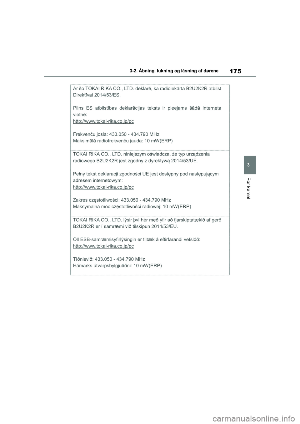 TOYOTA COROLLA HATCHBACK 2020  Brugsanvisning (in Danish) 175
3
Corolla HV OM12P55DK 3-2. Åbning, lukning og låsning af dørene
Før kørsel
OM12P55DK.book  Page 175  Monda
y, September 28, 2020  12:19 PM 