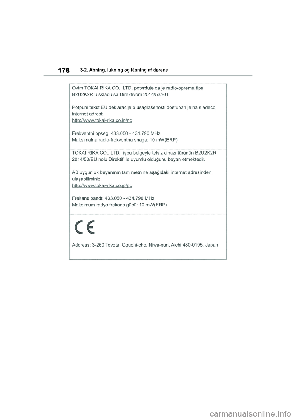 TOYOTA COROLLA HATCHBACK 2020  Brugsanvisning (in Danish) 178
Corolla HV OM12P55DK3-2. Åbning, lukning og låsning af dørene
OM12P55DK.book  Page 178  Monda
y, September 28, 2020  12:19 PM 