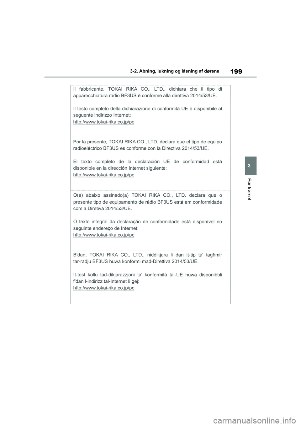 TOYOTA COROLLA HATCHBACK 2020  Brugsanvisning (in Danish) 199
3
Corolla HV OM12P55DK 3-2. Åbning, lukning og låsning af dørene
Før kørsel
OM12P55DK.book  Page 199  Monda
y, September 28, 2020  12:19 PM 