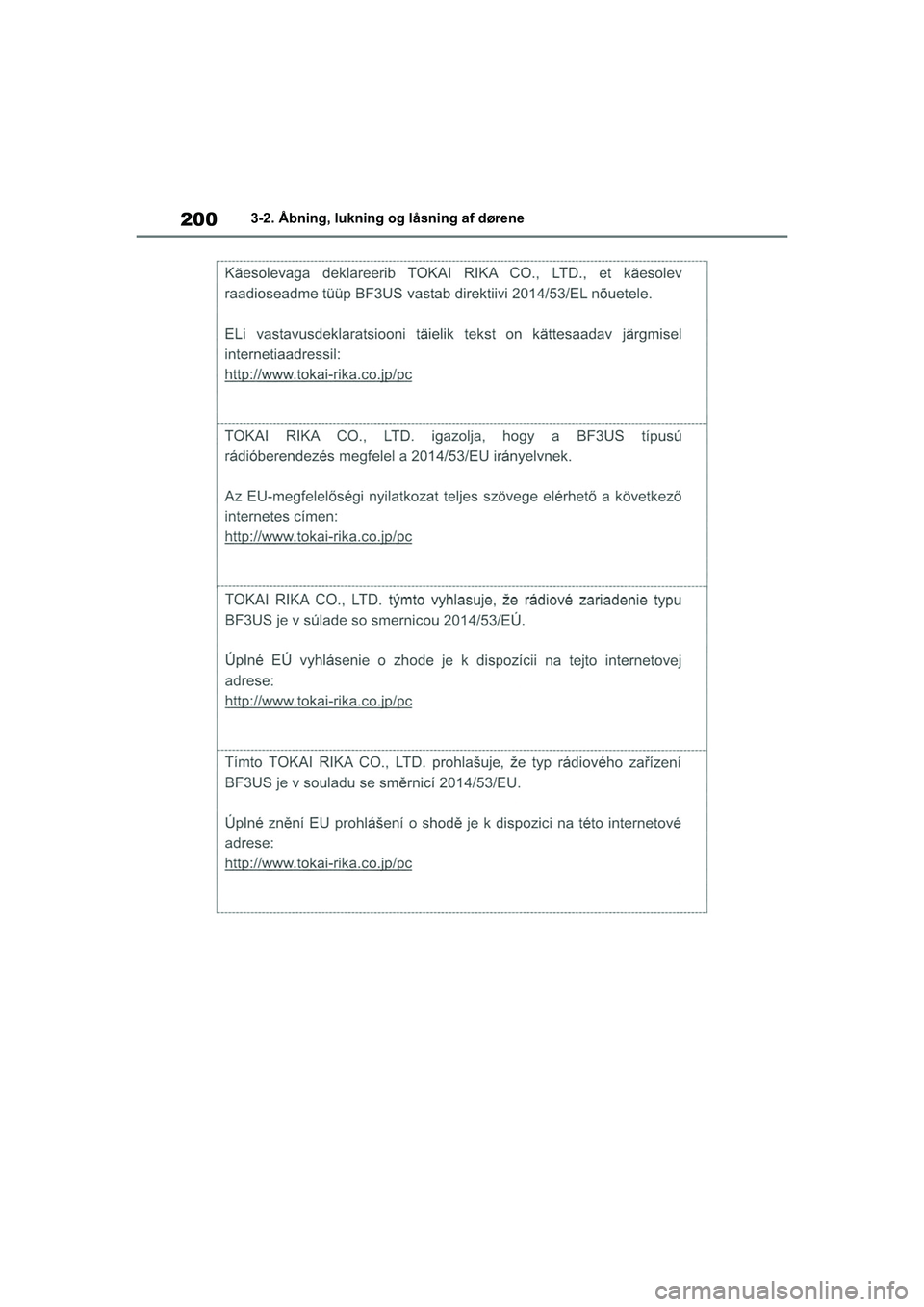 TOYOTA COROLLA HATCHBACK 2020  Brugsanvisning (in Danish) 200
Corolla HV OM12P55DK3-2. Åbning, lukning og låsning af dørene
OM12P55DK.book  Page 200  Monda
y, September 28, 2020  12:19 PM 