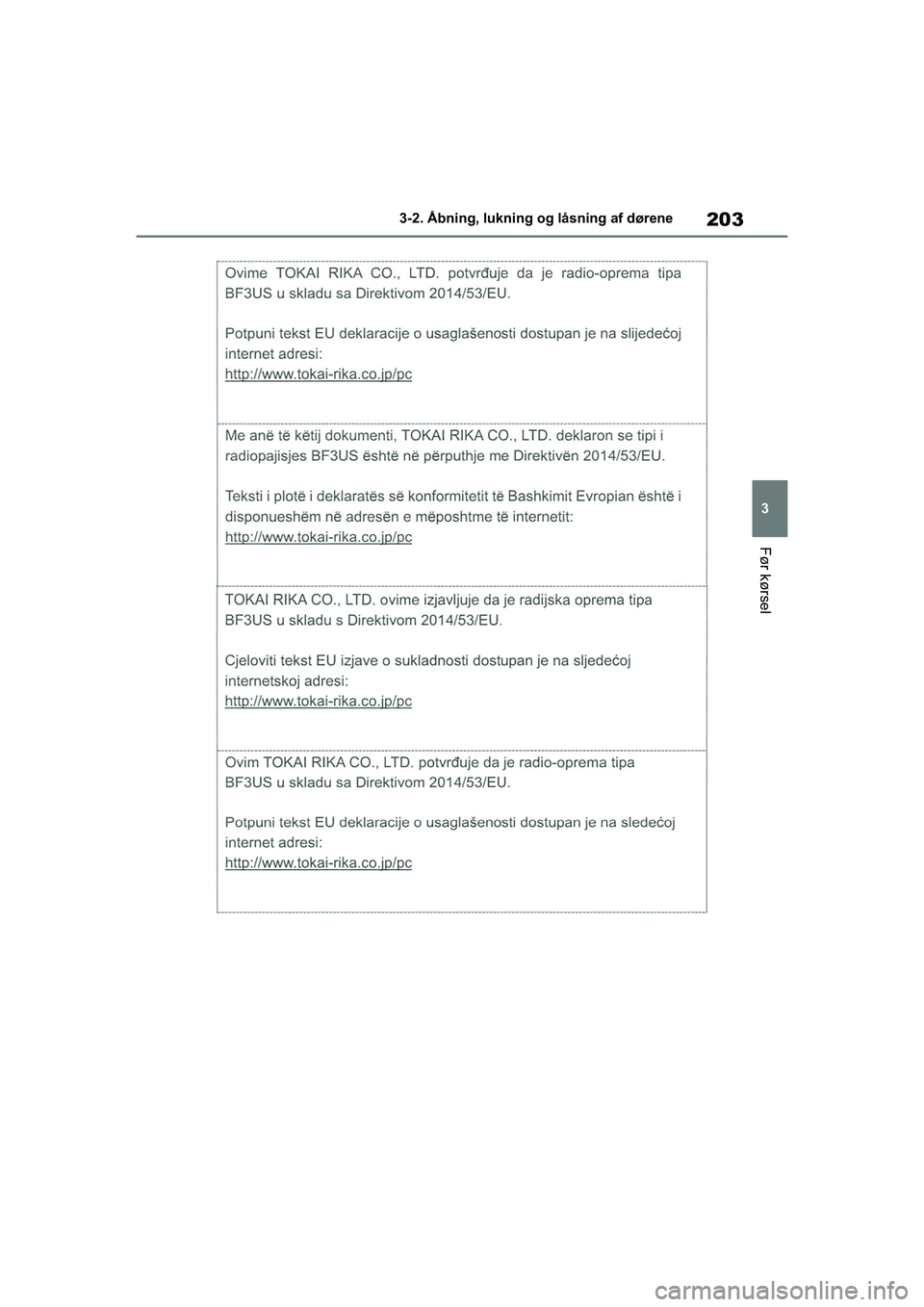 TOYOTA COROLLA HATCHBACK 2020  Brugsanvisning (in Danish) 203
3
Corolla HV OM12P55DK 3-2. Åbning, lukning og låsning af dørene
Før kørsel
OM12P55DK.book  Page 203  Monda
y, September 28, 2020  12:19 PM 