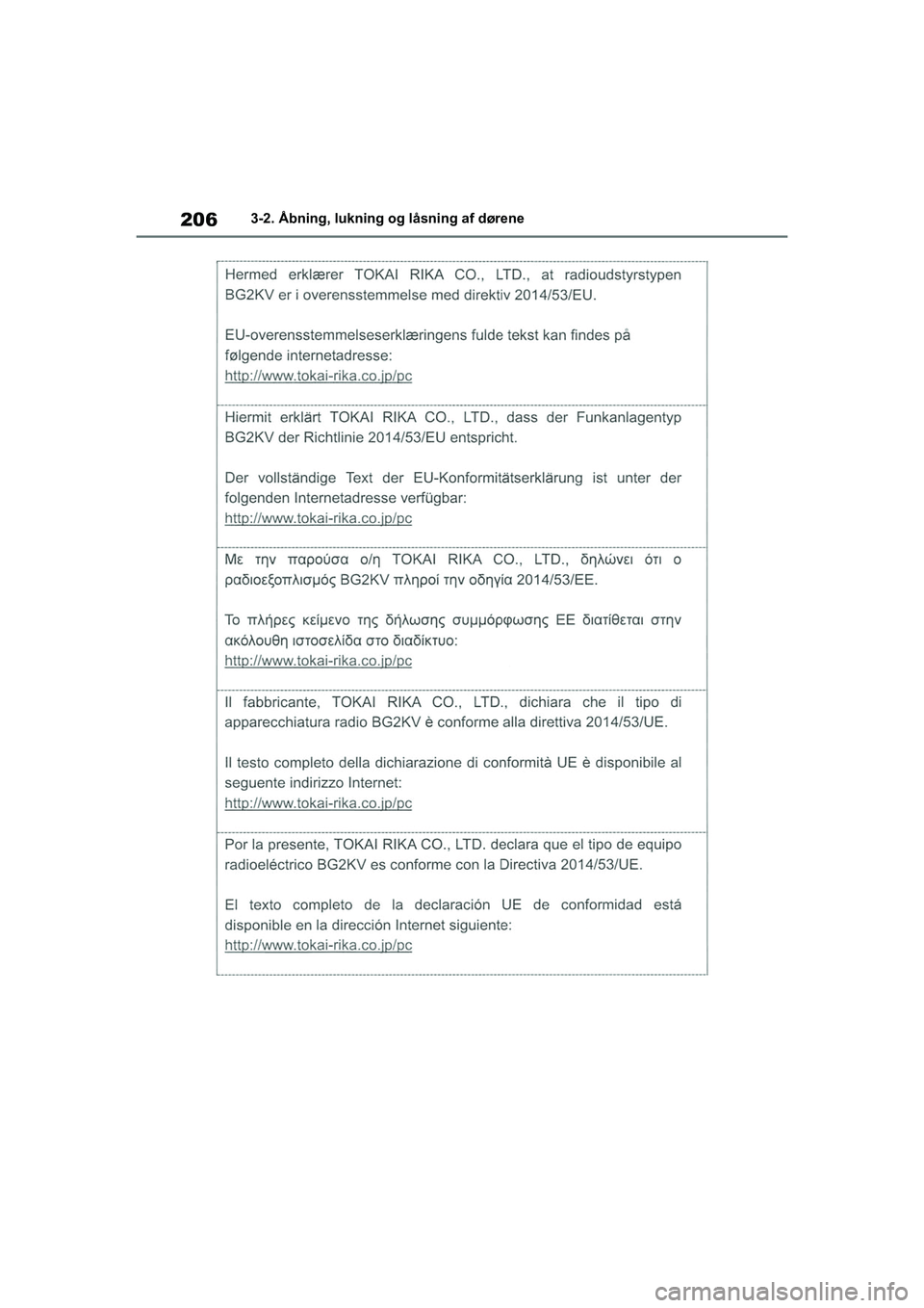 TOYOTA COROLLA HATCHBACK 2020  Brugsanvisning (in Danish) 206
Corolla HV OM12P55DK3-2. Åbning, lukning og låsning af dørene
OM12P55DK.book  Page 206  Monda
y, September 28, 2020  12:19 PM 