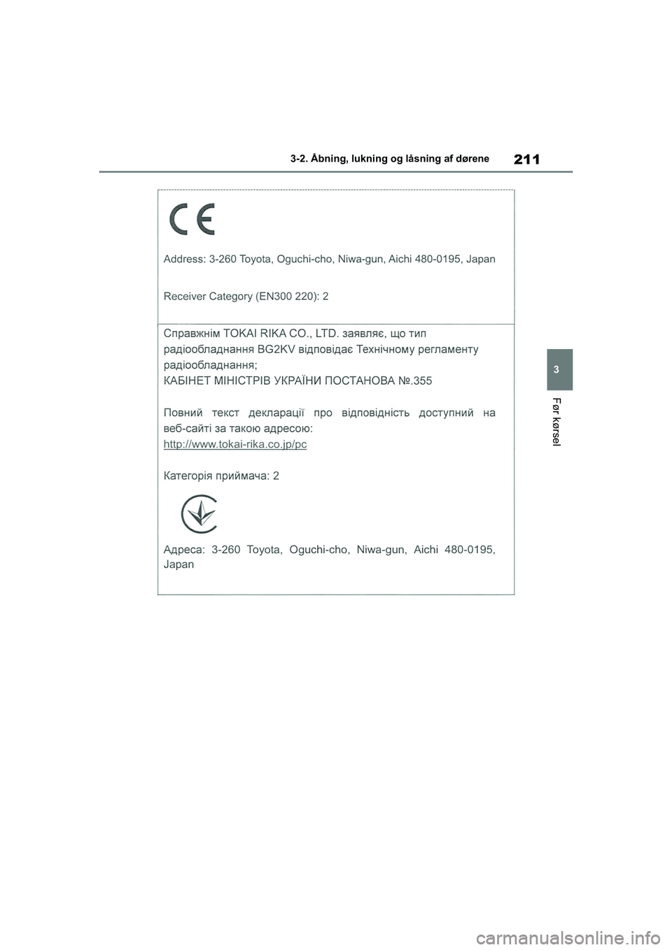 TOYOTA COROLLA HATCHBACK 2021 Brugsanvisning (in Danish) 211
3
Corolla HV OM12P55DK 3-2. Åbning, lukning og låsning af dørene
Før kørsel
OM12P55DK.book Page 211 Monda
y, September 28, 2020 12:19 PM TOYOTA COROLLA HATCHBACK 2021 Brugsanvisning (in Danish) 211
3
Corolla HV OM12P55DK 3-2. Åbning, lukning og låsning af dørene
Før kørsel
OM12P55DK.book Page 211 Monda
y, September 28, 2020 12:19 PM