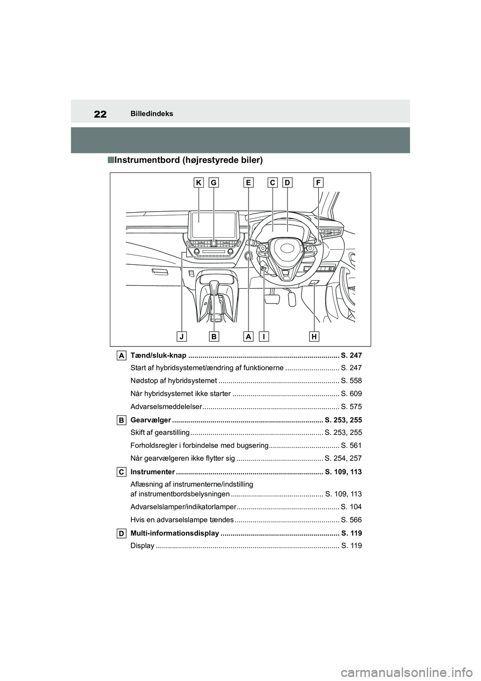 TOYOTA COROLLA HATCHBACK 2020 Brugsanvisning (in Danish) 22
Corolla HV OM12P55DKBilledindeks
n
Instrumentbord (højrestyrede biler)
Tænd/sluk-knap ........................................................................... S. 247
Start af hybridsystemet/æ TOYOTA COROLLA HATCHBACK 2020 Brugsanvisning (in Danish) 22
Corolla HV OM12P55DKBilledindeks
n
Instrumentbord (højrestyrede biler)
Tænd/sluk-knap ........................................................................... S. 247
Start af hybridsystemet/æ