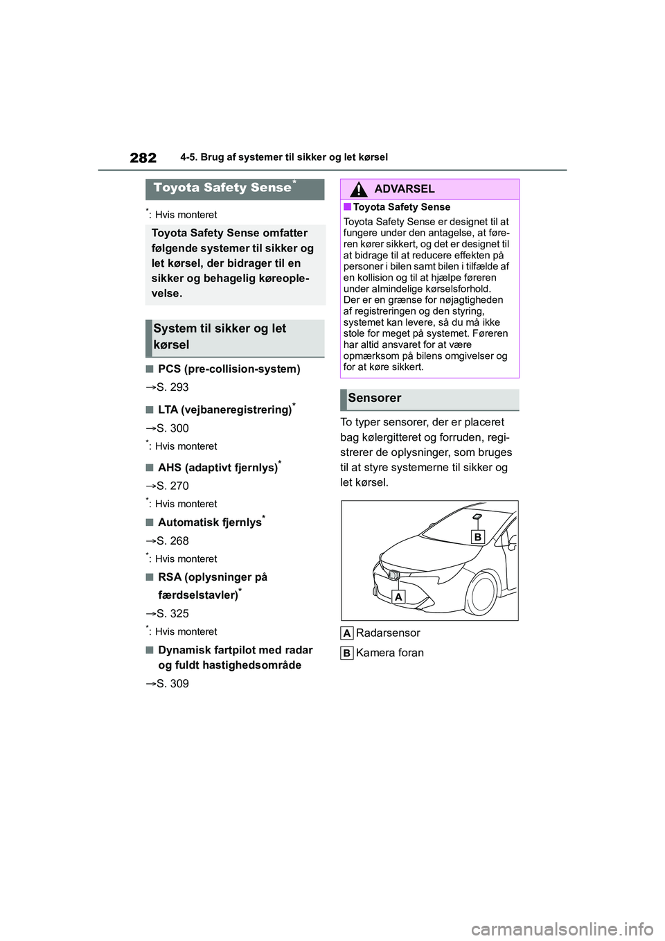 TOYOTA COROLLA HATCHBACK 2021 Brugsanvisning (in Danish) 282
Corolla HV OM12P55DK4-5. Brug af systemer til sikker og let kørsel
4-5.Brug af systemer til sikker og let kørsel
*: Hvis monteret
nPCS (pre-collision-system)
S. 293
nLTA (vejbaneregistrering TOYOTA COROLLA HATCHBACK 2021 Brugsanvisning (in Danish) 282
Corolla HV OM12P55DK4-5. Brug af systemer til sikker og let kørsel
4-5.Brug af systemer til sikker og let kørsel
*: Hvis monteret
nPCS (pre-collision-system)
S. 293
nLTA (vejbaneregistrering