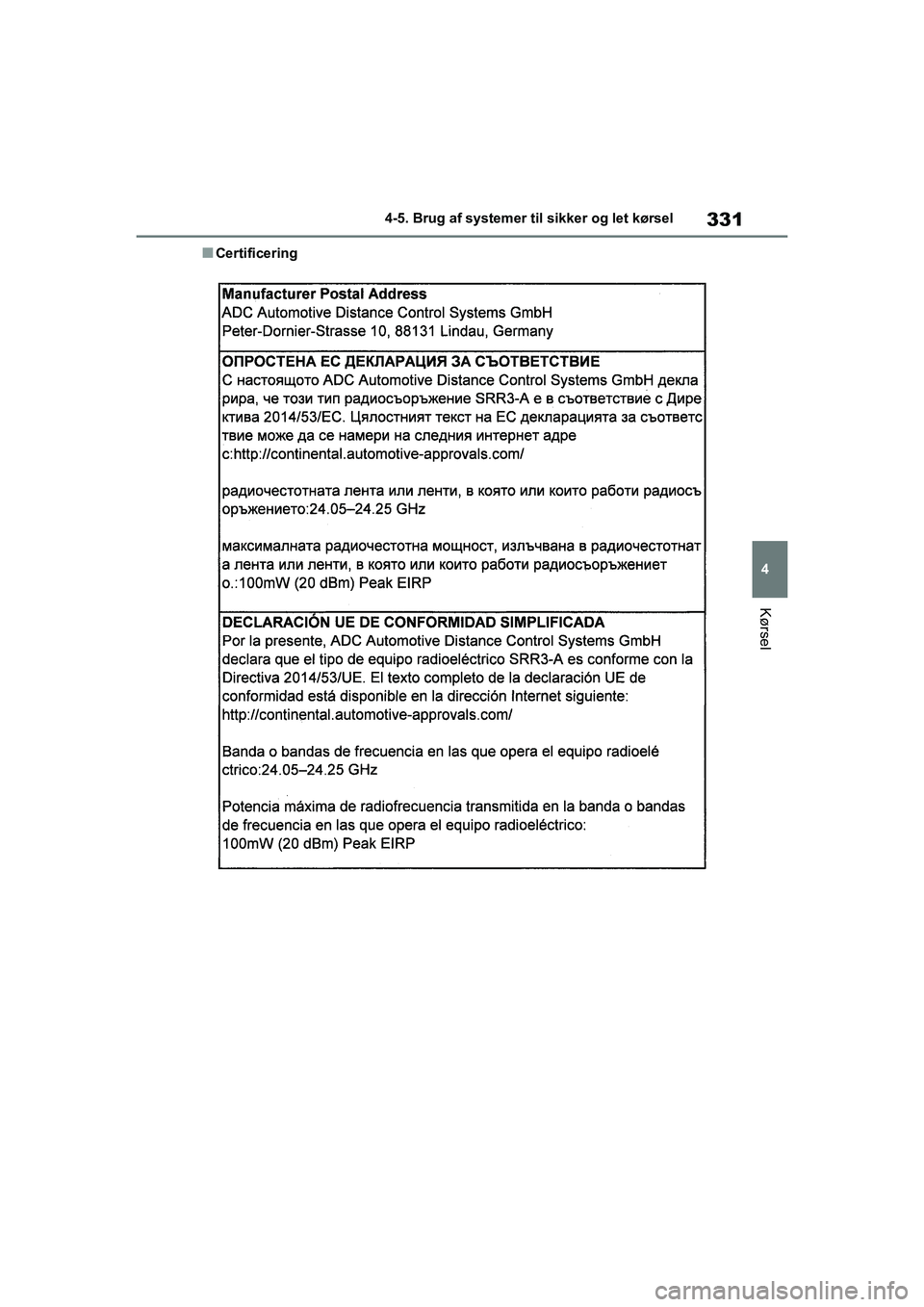 TOYOTA COROLLA HATCHBACK 2021  Brugsanvisning (in Danish) 331
4
Corolla HV OM12P55DK 4-5. Brug af systemer til sikker og let kørsel
Kørsel
nCertificering
OM12P55DK.book  Page 331  Monda
y, September 28, 2020  12:19 PM 